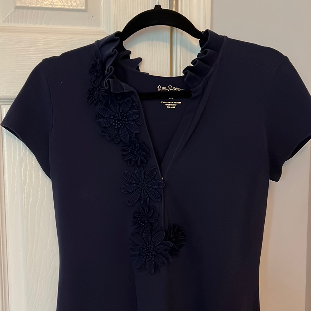 Lilly Pulitzer Navy Blue dress with floral appliqués, size small